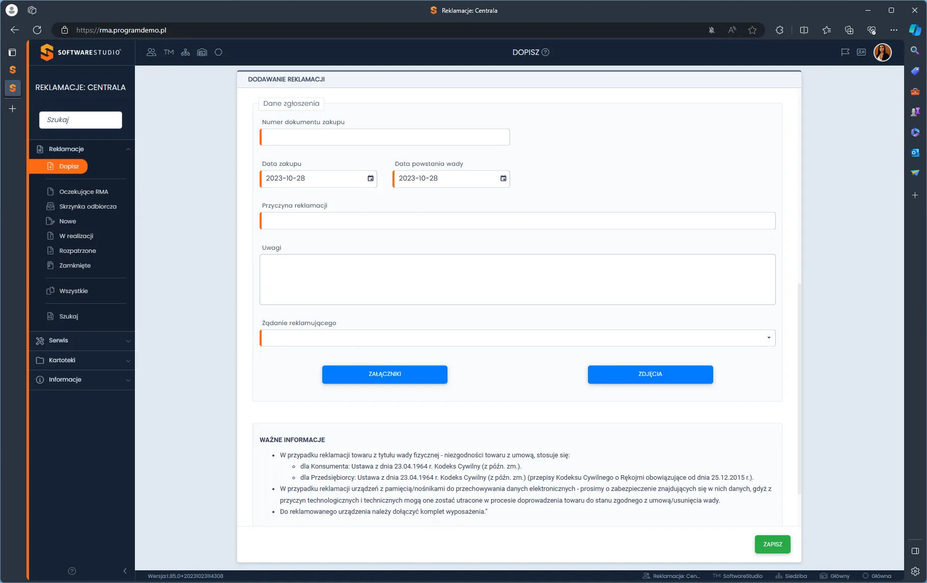 Formularz Dodawanie reklamacji w programie Reklamacje: Centrala, sekcja Dane zgłoszenia z polami Numer dokumentu zakupu, Data zakupu, Data powstania wady, Przyczyna reklamacji, Żądanie reklamującego, przyciskami Załączniki i Zdjęcia oraz blokiem Ważne informacje