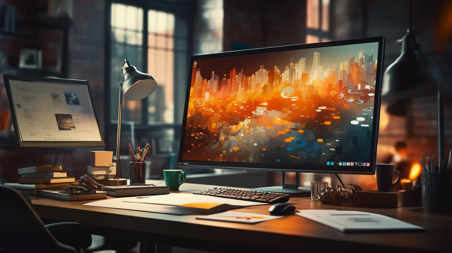 Biurko z dużym monitorem wyświetlającym pomarańczową panoramę miasta, klawiaturą, myszą, zielonym kubkiem, książkami i lampką, obok drugi monitor z tekstem i zdjęciami