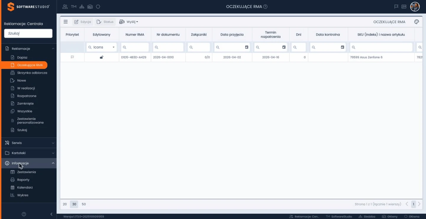 Lista Oczekujące RMA w programie Reklamacje: Centrala z jednym wierszem i kolumnami Priorytet, Numer RMA, Nr dokumentu, Załączniki, Data przyjęcia, Termin rozpatrzenia, Dni i Data kontrolna
